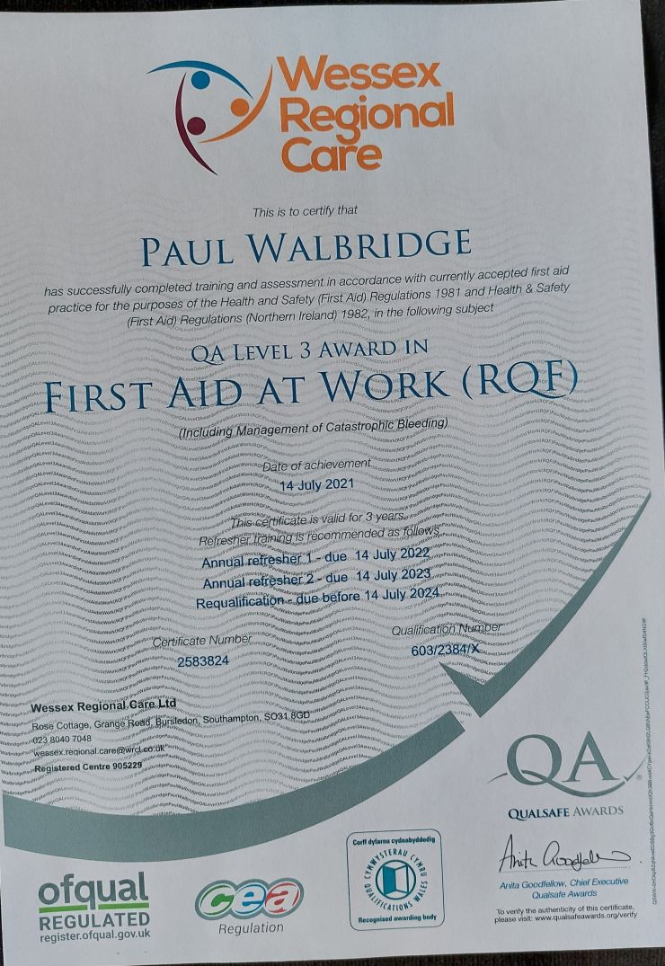 Paul Walbridge First aid certificate.jpg